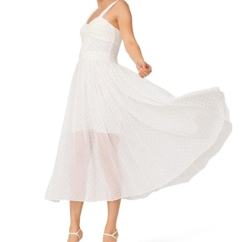 J. Mendel White/Gold Print Twist Pleated Midi Dress Wedding Holiday Glam Sz 10